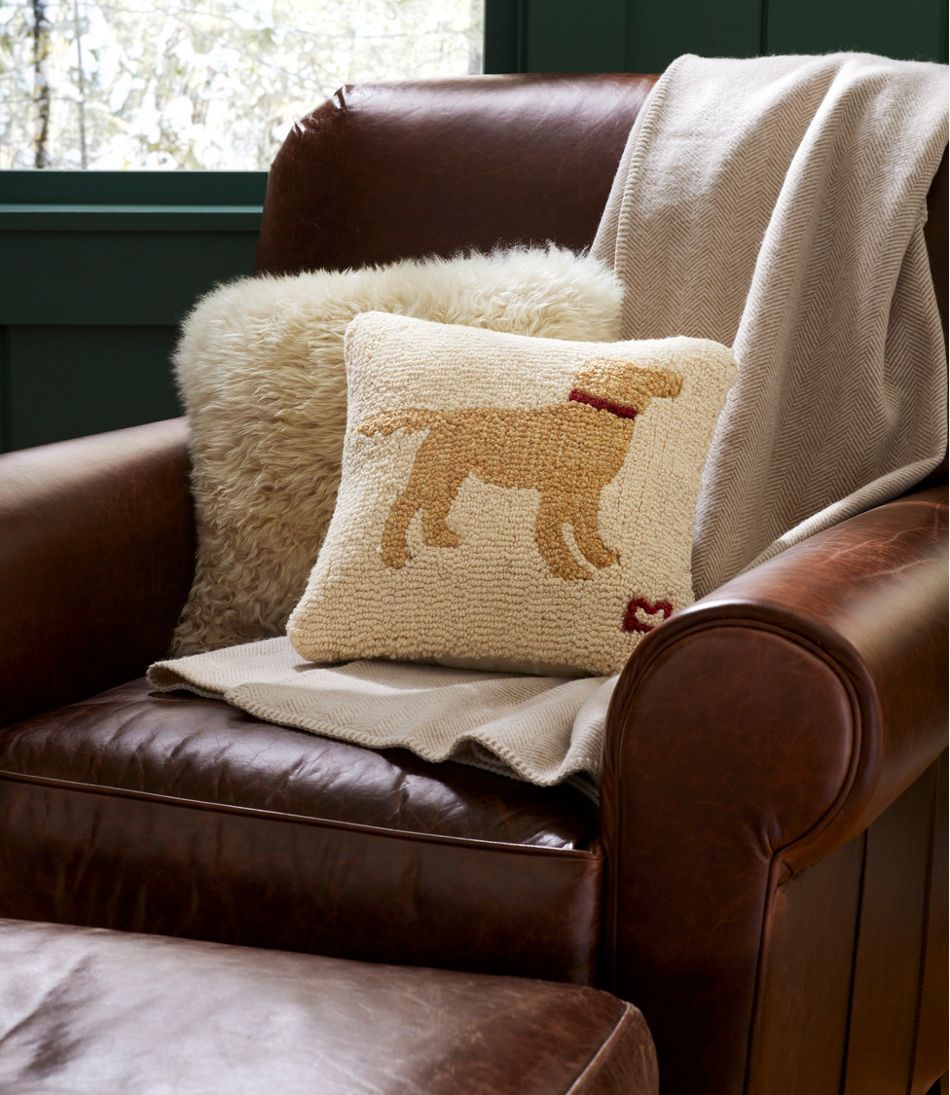 L.L.Bean | Wool Hooked Throw Pillow, Yellow Dog, 14" x 14"