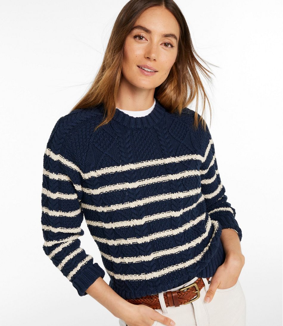L.L.Bean | Women's Signature Cotton Fisherman Sweater, Crewneck Stripe