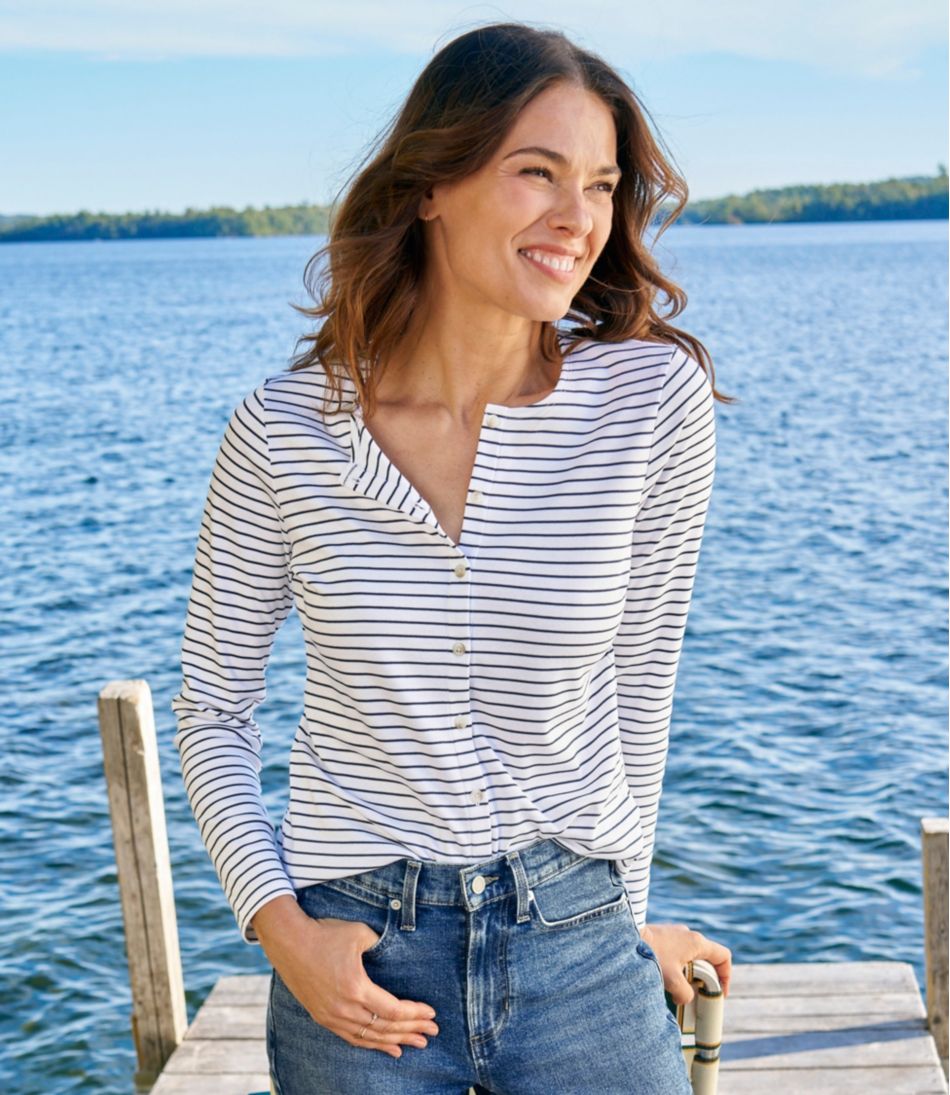 L.L.Bean | Women's Pima Cotton Tee, Long-Sleeve Crewneck Cardigan Stripe