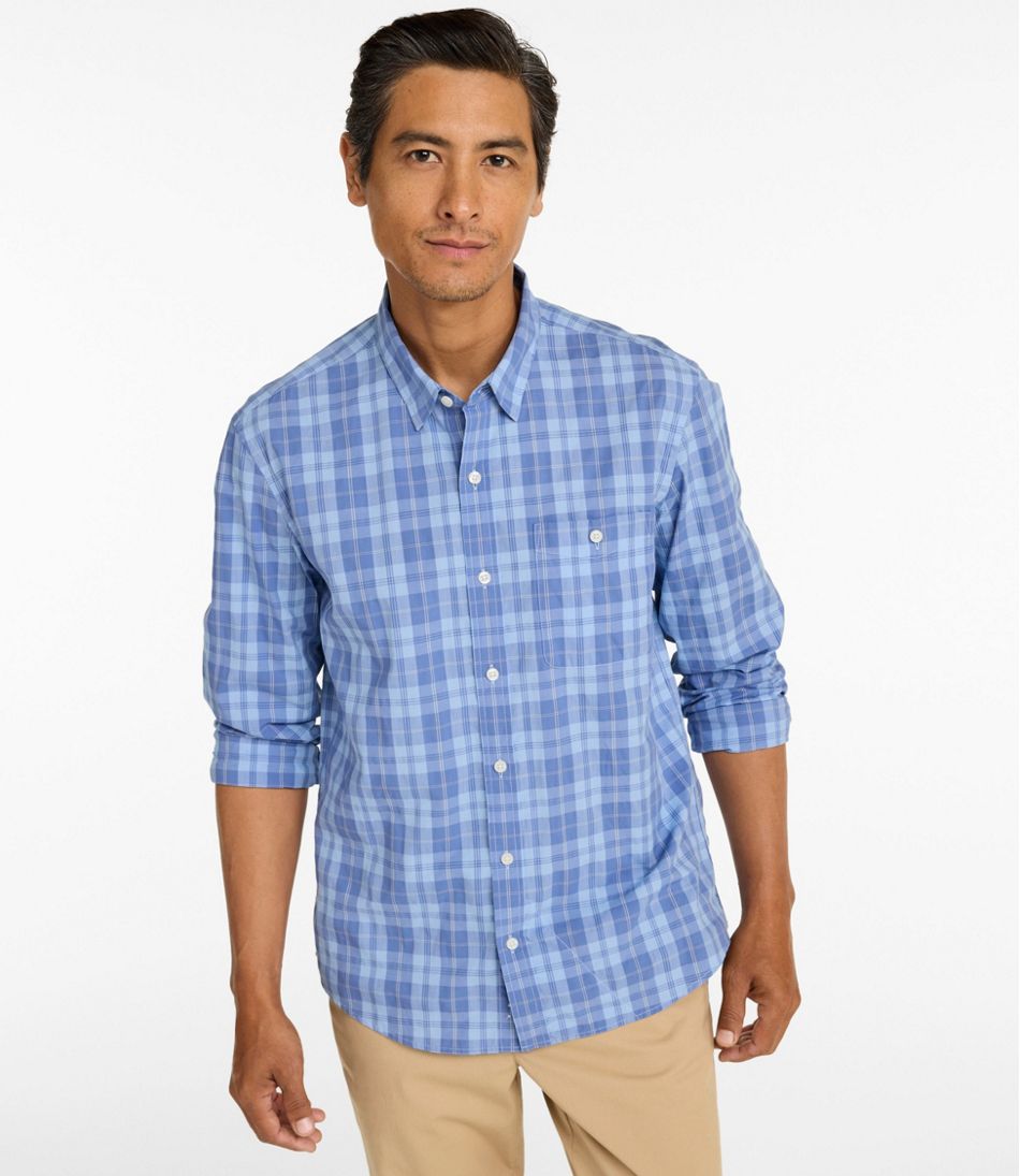 L.L.Bean | Men's Comfort Stretch Performance® Chambray Shirt, Long-Sleeve, Slightly Fitted Untucked Fit, Plaid