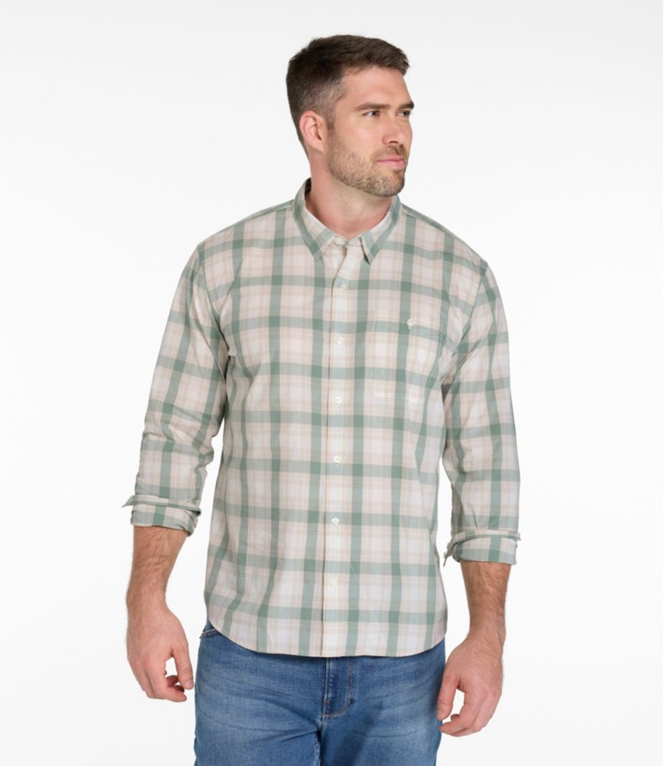 L.L.Bean | Men's Comfort Stretch Performance® Chambray Shirt, Long-Sleeve, Slightly Fitted Untucked Fit, Plaid