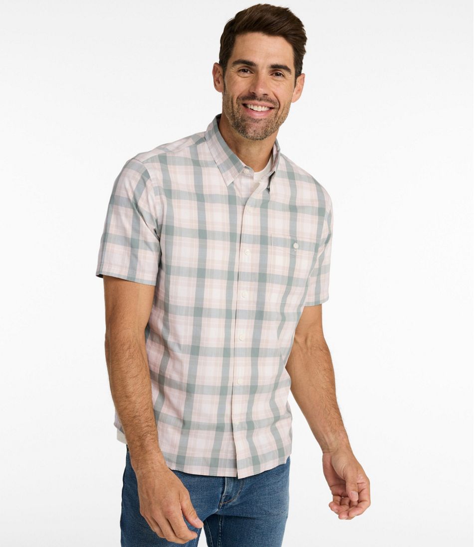 L.L.Bean | Men's Comfort Stretch Performance® Chambray Shirt, Short-Sleeve, Slightly Fitted Untucked Fit, Plaid