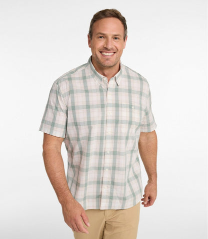 L.L.Bean | Men's Comfort Stretch Performance® Chambray Shirt, Short-Sleeve, Slightly Fitted Untucked Fit, Plaid
