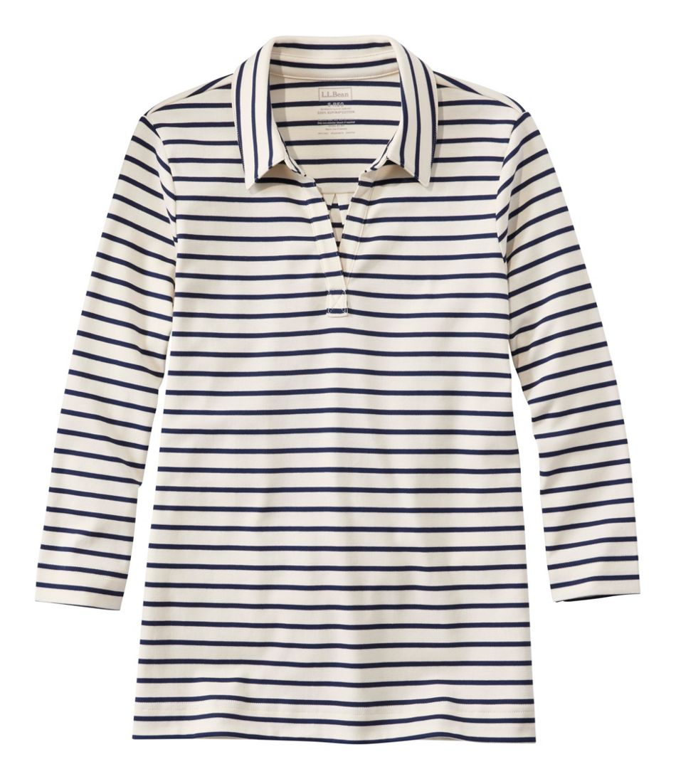 L.L.Bean | Women's Pima Cotton Tee, Three-Quarter-Sleeve Polo Stripe