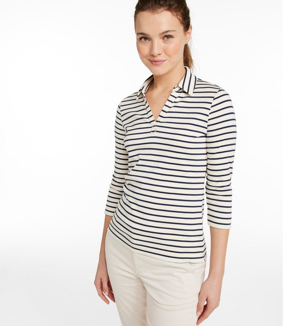 L.L.Bean | Women's Pima Cotton Tee, Three-Quarter-Sleeve Polo Stripe