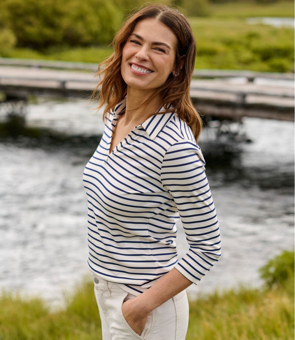 L.L.Bean | Women's Pima Cotton Tee, Three-Quarter-Sleeve Polo Stripe
