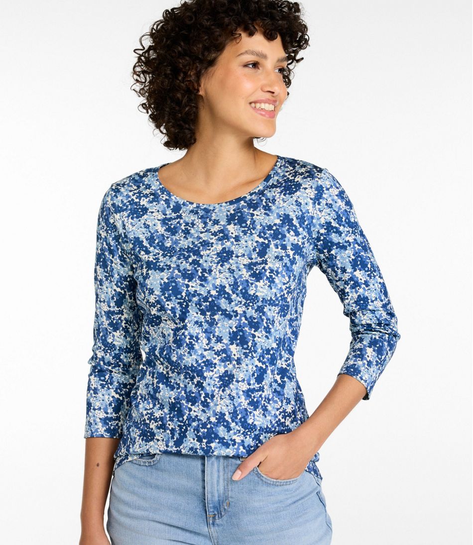 L.L.Bean | Women's Pima Cotton Shaped Jewelneck Tee, Three-Quarter-Sleeve Print