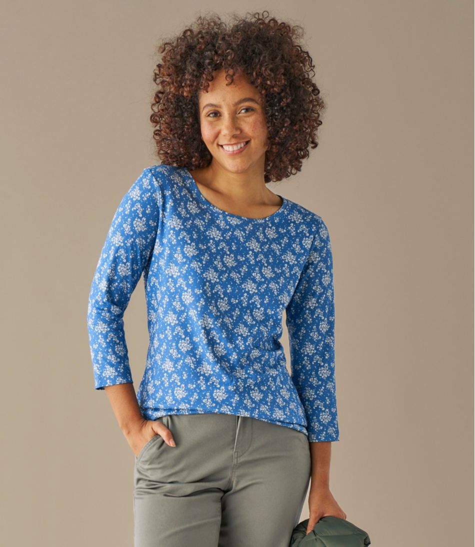 L.L.Bean | Women's Pima Cotton Shaped Jewelneck Tee, Three-Quarter-Sleeve Print