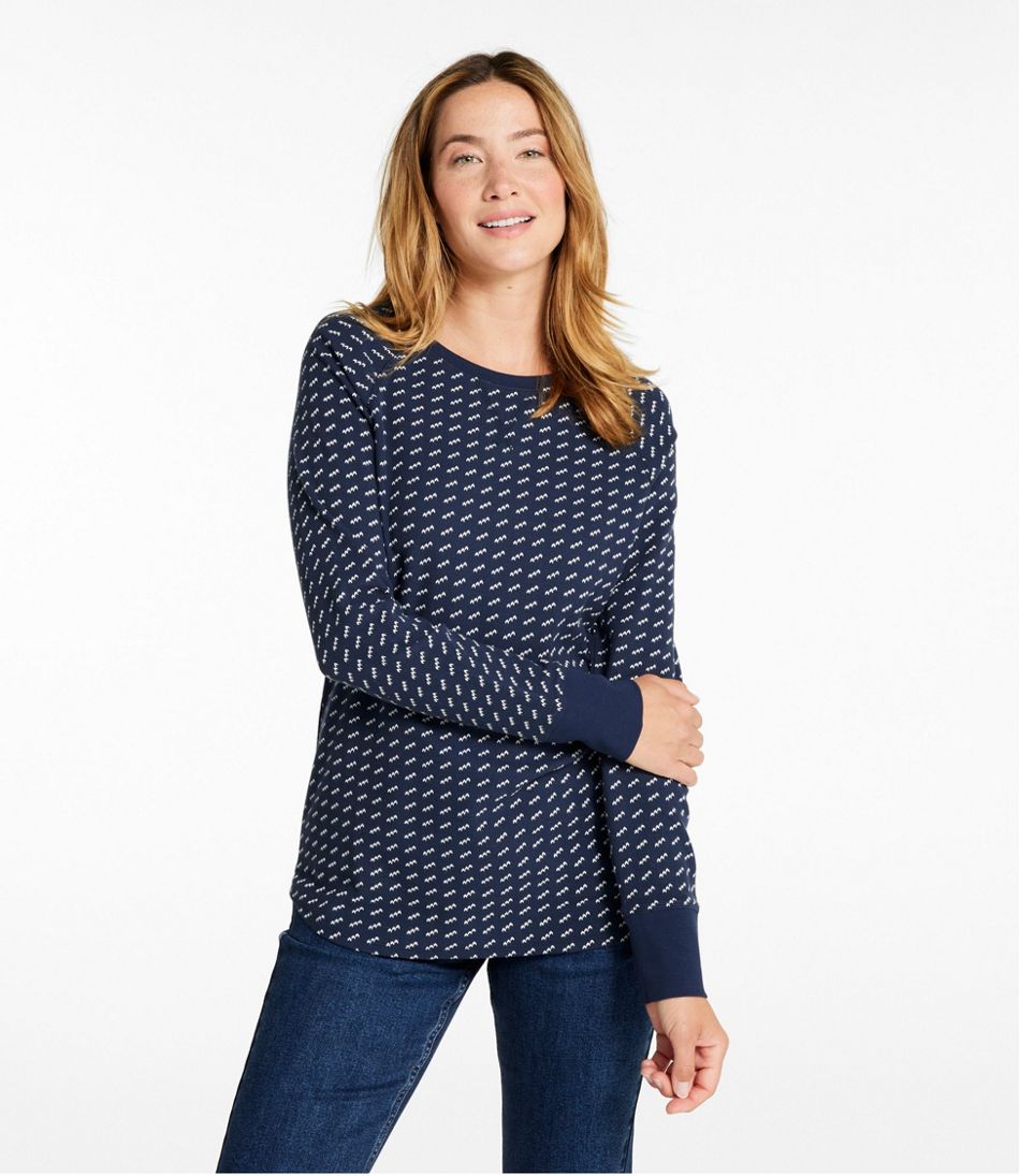 L.L.Bean | Women's Unshrinkable Mini-Waffle Tee, Long-Sleeve Crewneck Stripe
