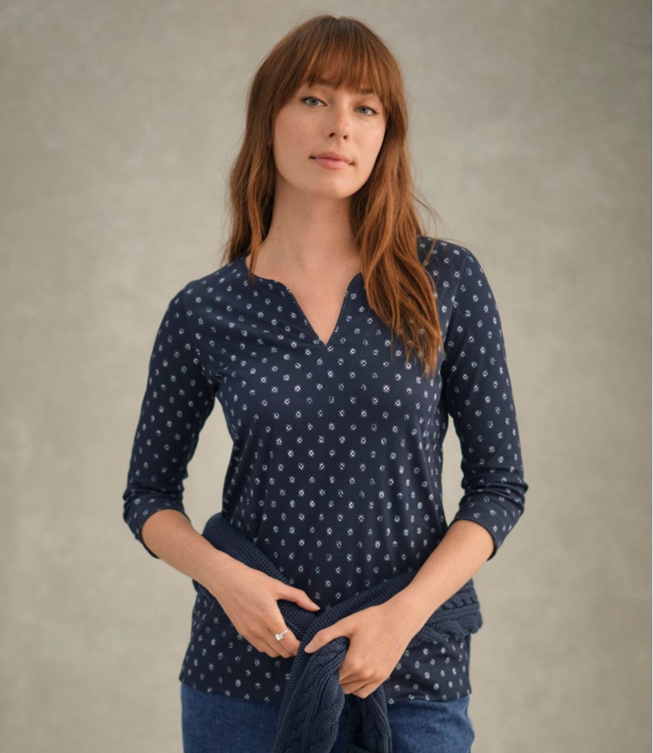 L.L.Bean | Women's Pima Cotton Tunic, Three-Quarter-Sleeve Splitneck Print
