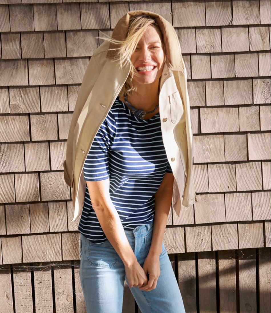 L.L.Bean | Women's Pima Cotton Tee, Elbow-Sleeve Boatneck Stripe