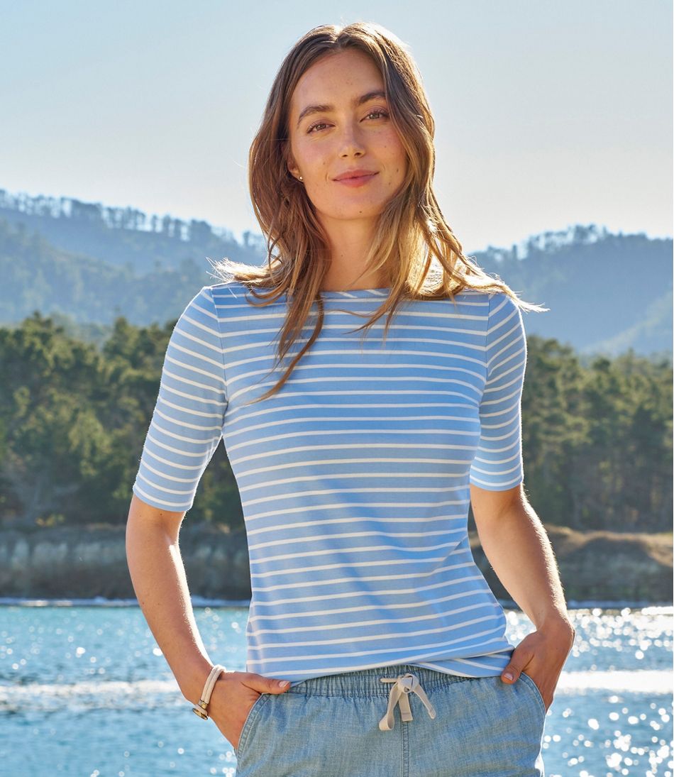 L.L.Bean | Women's Pima Cotton Tee, Elbow-Sleeve Boatneck Stripe
