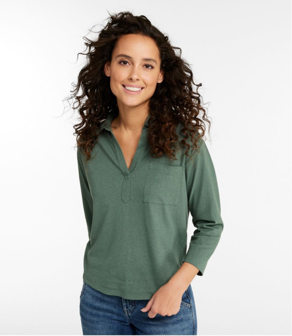 L.L.Bean | Women's Linen/Cotton Tee, Three-Quarter-Sleeve Splitneck Polo