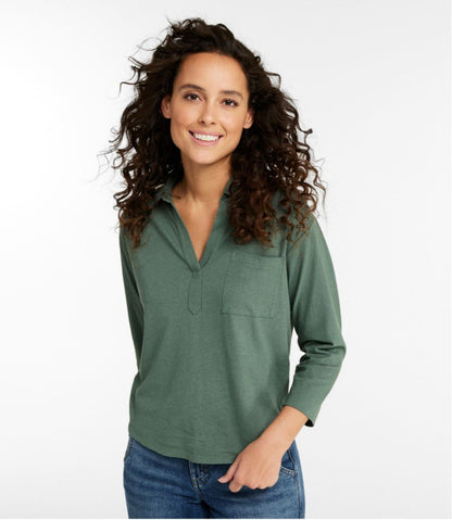 L.L.Bean | Women's Linen/Cotton Tee, Three-Quarter-Sleeve Splitneck Polo