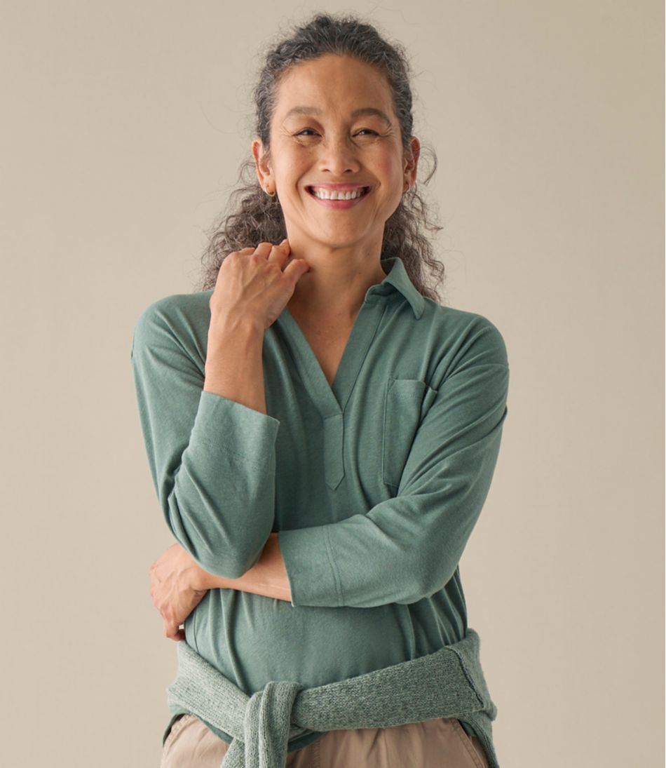 L.L.Bean | Women's Linen/Cotton Tee, Three-Quarter-Sleeve Splitneck Polo