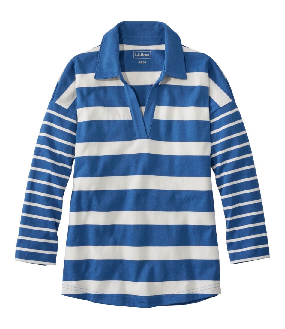 L.L.Bean | Women's Heritage Mariner Top, Splitneck Polo Three-Quarter-Sleeve, Block Stripe