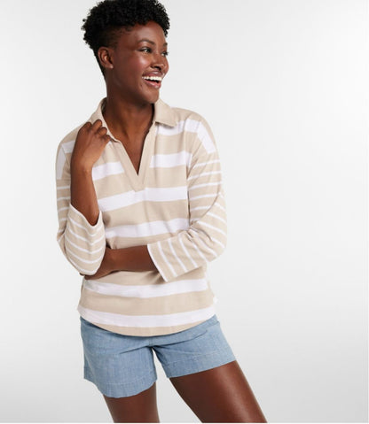 L.L.Bean | Women's Heritage Mariner Top, Splitneck Polo Three-Quarter-Sleeve, Block Stripe