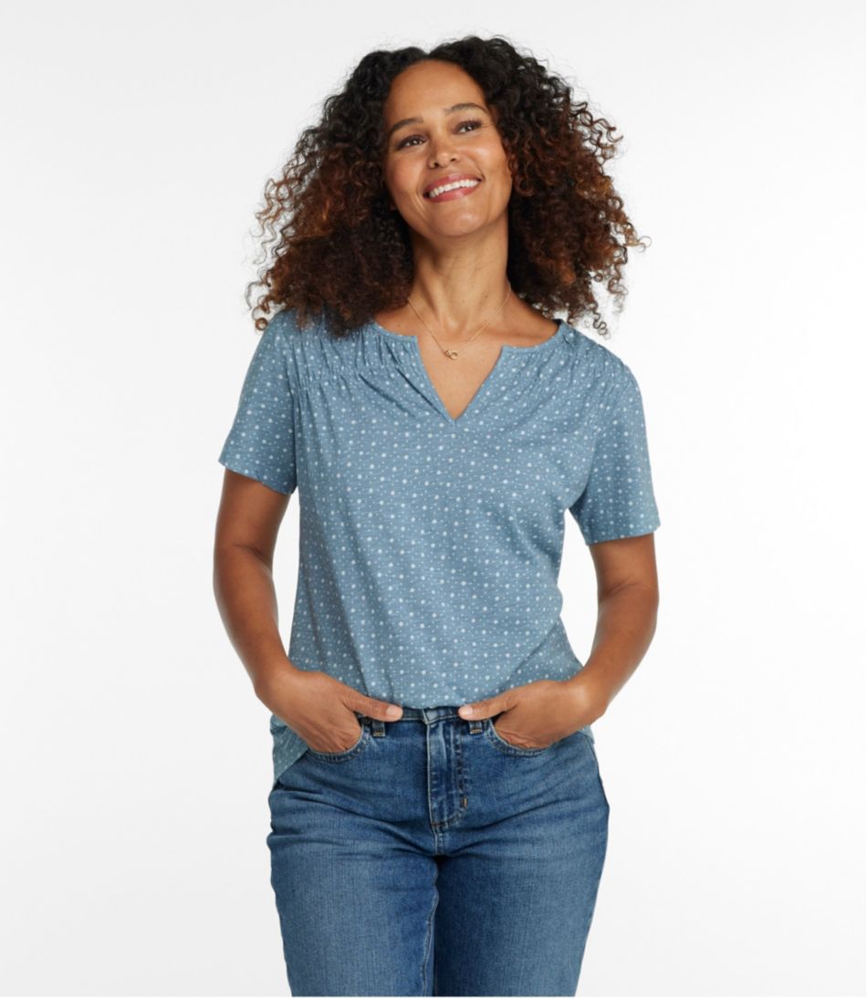 L.L.Bean | Women's Organic Cotton Tee, Smocked Notch-Neck Short-Sleeve Print