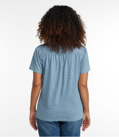 L.L.Bean | Women's Organic Cotton Tee, Smocked Notch-Neck Short-Sleeve Print