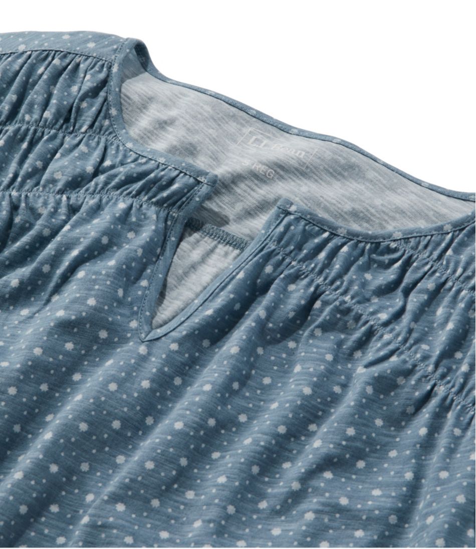 L.L.Bean | Women's Organic Cotton Tee, Smocked Notch-Neck Short-Sleeve Print