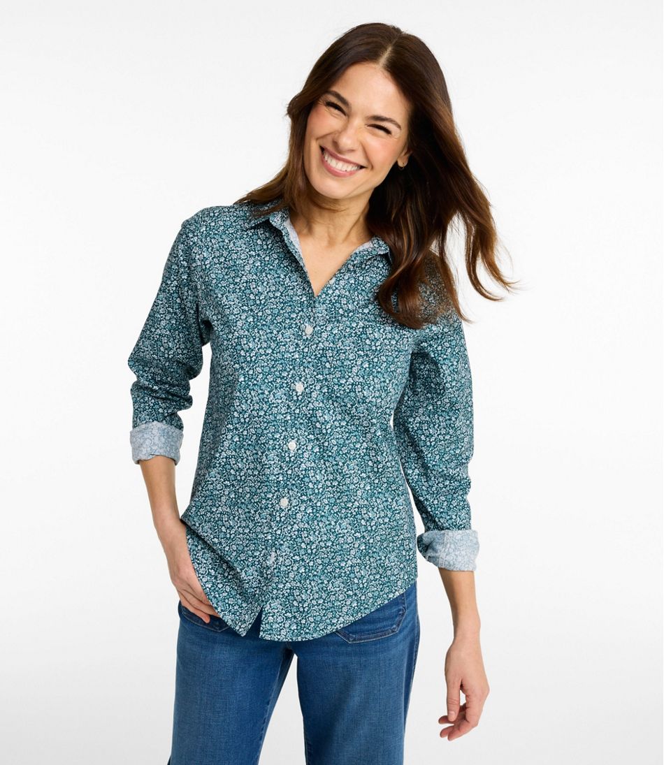 L.L.Bean | Women's Wrinkle-Free Pinpoint Oxford Shirt, Relaxed Fit Long-Sleeve Print