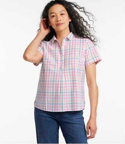 L.L.Bean | Women's Vacationland Seersucker Shirt, Short-Sleeve Popover Plaid