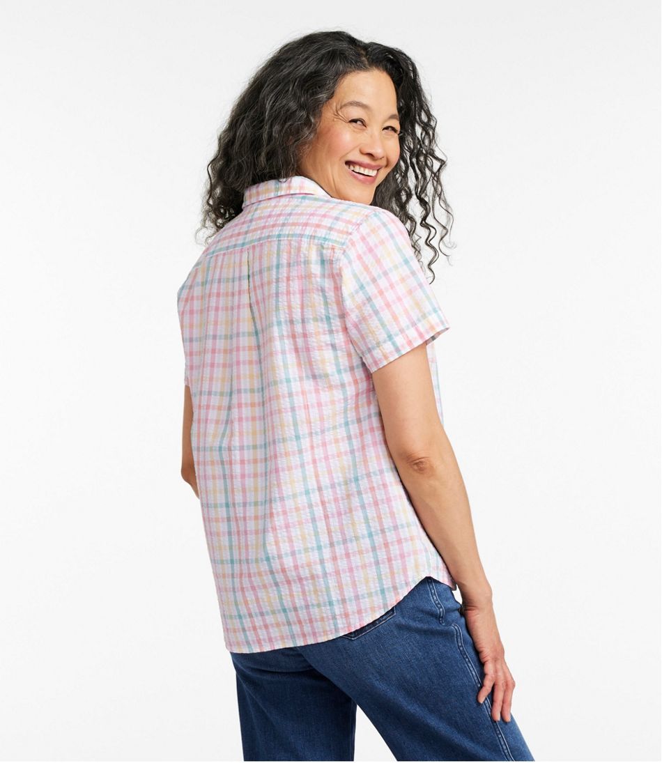 L.L.Bean | Women's Vacationland Seersucker Shirt, Short-Sleeve Popover Plaid