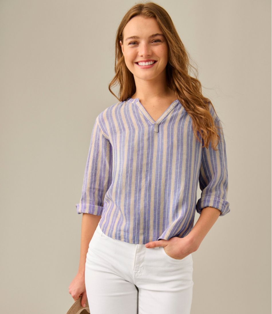 L.L.Bean | Women's Premium Washable Linen Shirt, Splitneck Stripe
