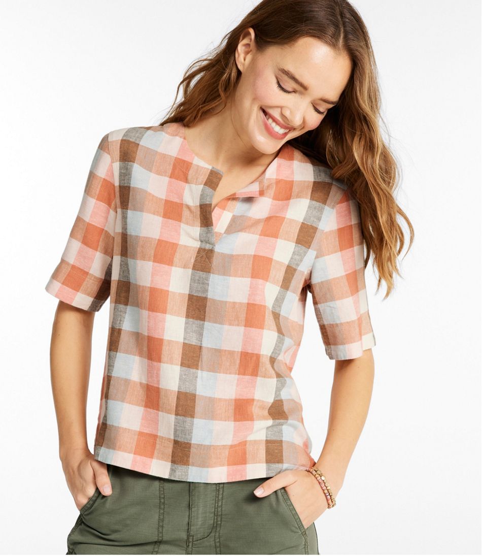 L.L.Bean | Women's Signature Linen-Blend Splitneck Shirt, Short-Sleeve