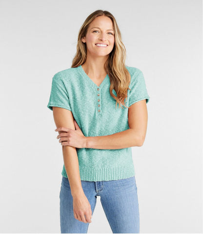 L.L.Bean | Women's Midweight Cotton Slub Sweater, Henley Short-Sleeve