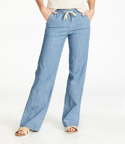 L.L.Bean | Women's Lakewashed Pull-On Chinos, Mid-Rise Wide-Leg Chambray