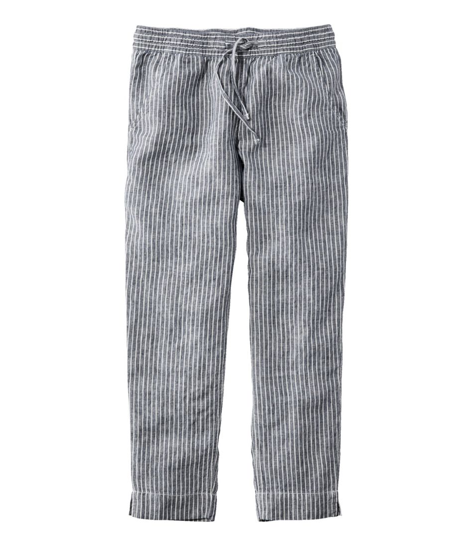 L.L.Bean | Women's Premium Linen Pull-On Ankle Pants, Mid-Rise Tapered-Leg Stripe