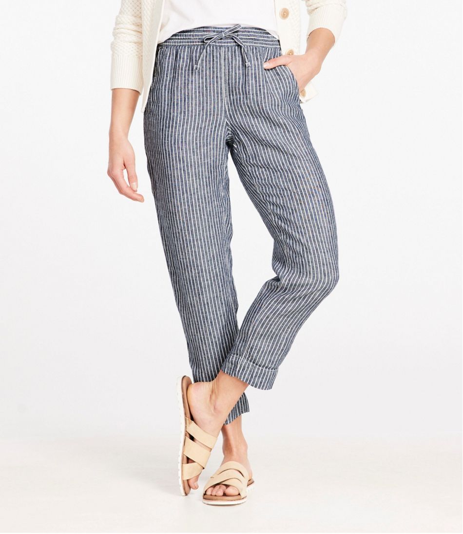 L.L.Bean | Women's Premium Linen Pull-On Ankle Pants, Mid-Rise Tapered-Leg Stripe