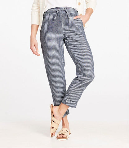 L.L.Bean | Women's Premium Linen Pull-On Ankle Pants, Mid-Rise Tapered-Leg Stripe