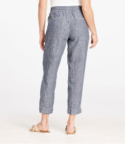 L.L.Bean | Women's Premium Linen Pull-On Ankle Pants, Mid-Rise Tapered-Leg Stripe