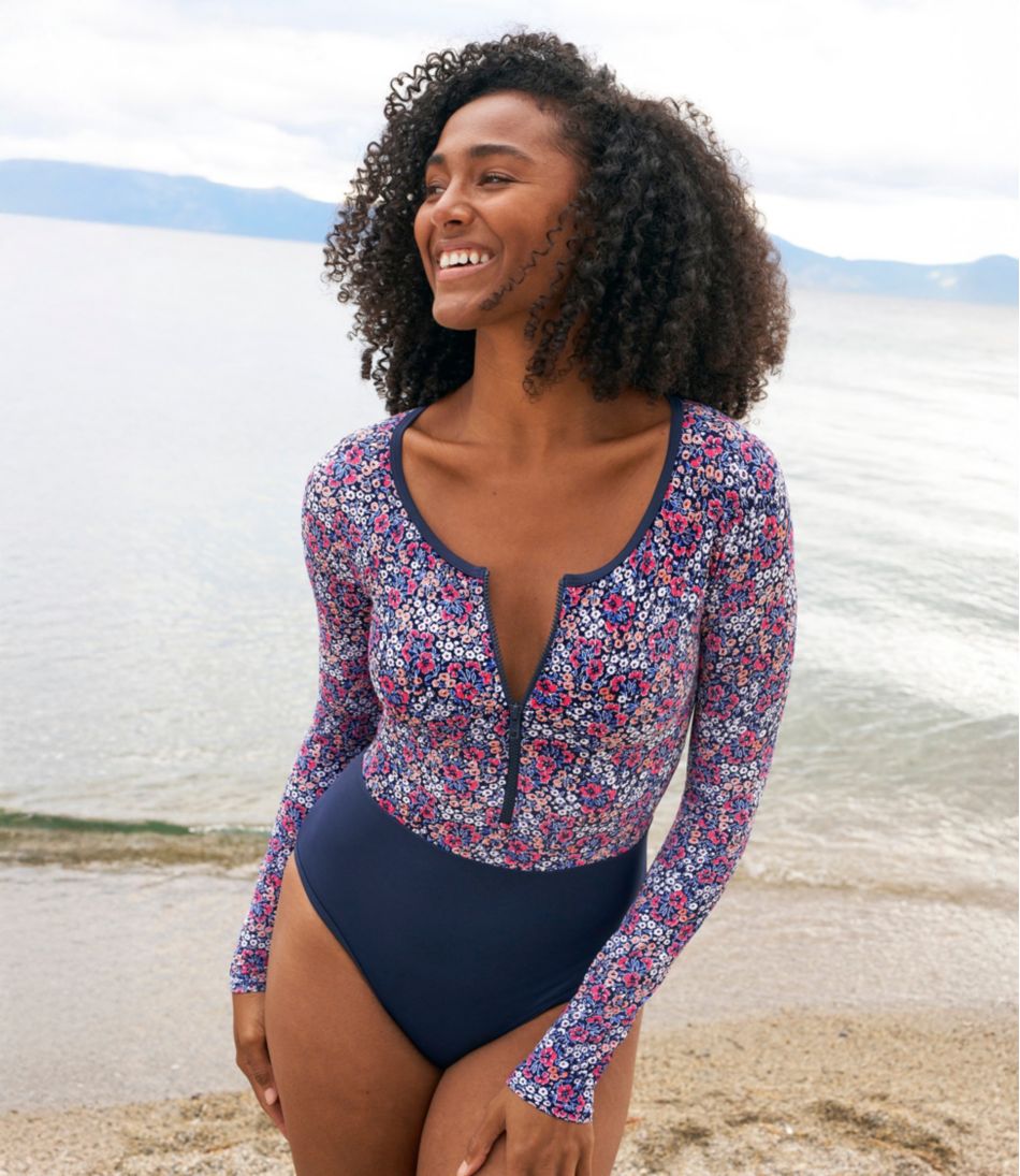 L.L.Bean | Women's Coastal Essentials Swimwear, Long-Sleeve Tanksuit Print