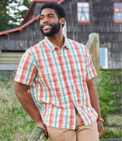 L.L.Bean | Men's Organic Cotton Seersucker Shirt, Short-Sleeve, Slightly Fitted, Plaid