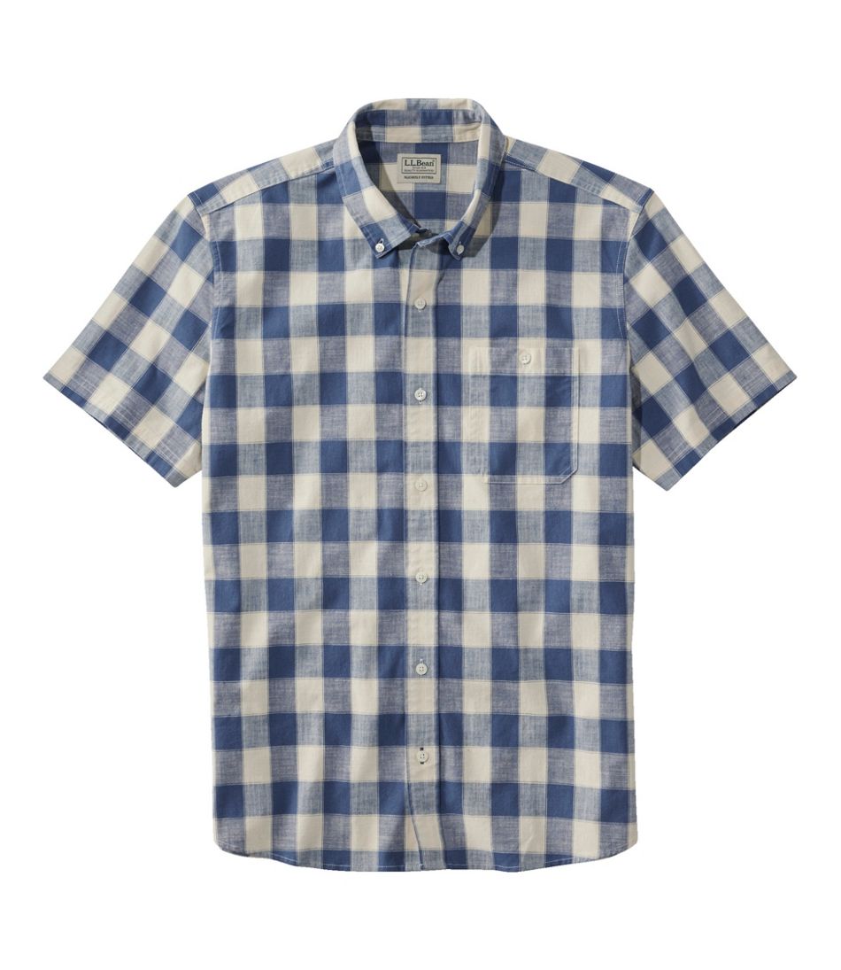 L.L.Bean | Men's Comfort Stretch® Chambray Shirt, Slightly Fitted Untucked Fit, Short-Sleeve, Plaid
