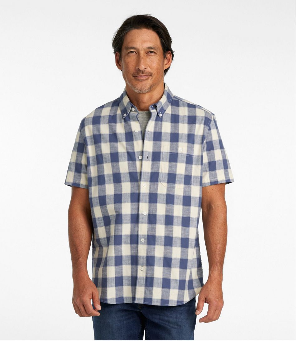 L.L.Bean | Men's Comfort Stretch® Chambray Shirt, Slightly Fitted Untucked Fit, Short-Sleeve, Plaid