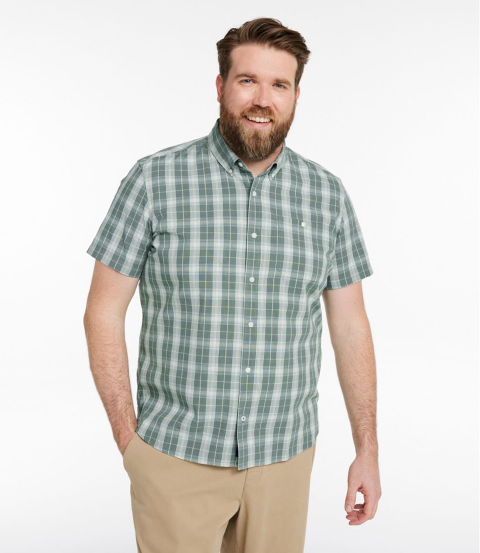 L.L.Bean | Men's Comfort Stretch® Chambray Shirt, Slightly Fitted Untucked Fit, Short-Sleeve, Plaid