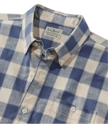 L.L.Bean | Men's Comfort Stretch® Chambray Shirt, Slightly Fitted Untucked Fit, Short-Sleeve, Plaid