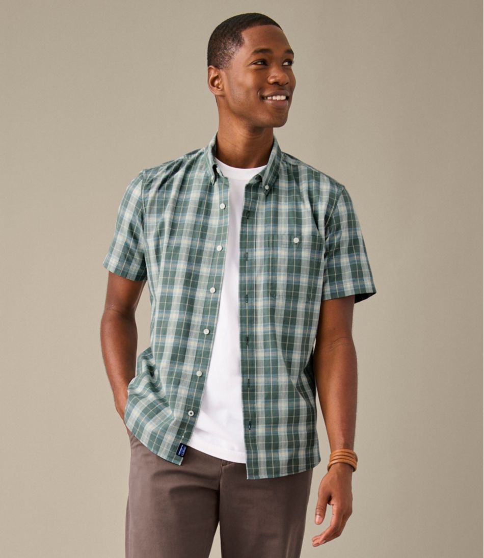 L.L.Bean | Men's Comfort Stretch® Chambray Shirt, Slightly Fitted Untucked Fit, Short-Sleeve, Plaid