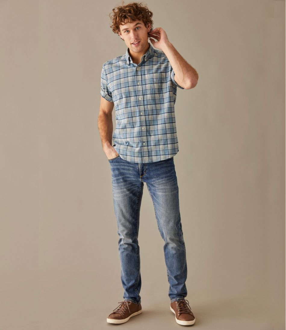 L.L.Bean | Men's Comfort Stretch® Oxford, Slightly Fitted Untucked Fit, Short-Sleeve, Plaid