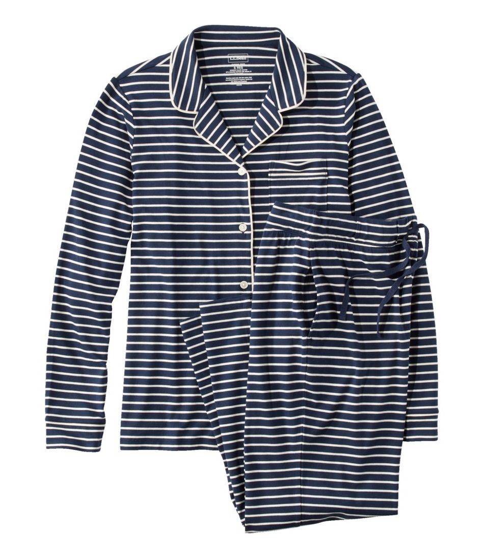 L.L.Bean | Women's Super-Soft Shrink-Free Button Front Pajama Set, Stripe