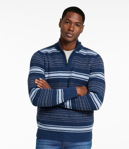 L.L.Bean | Men's Organic Cotton Waffle Sweater, Quarter Zip, Stripe