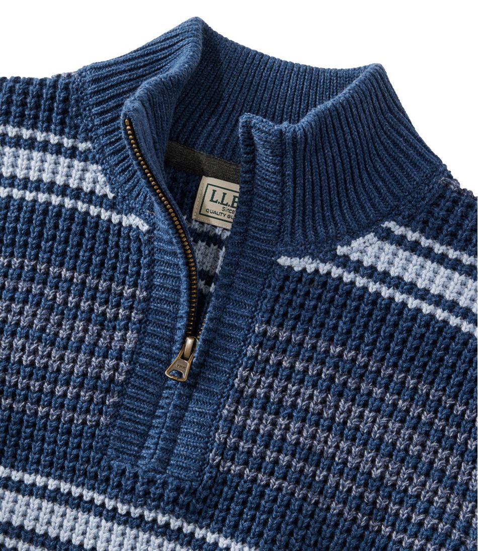 L.L.Bean | Men's Organic Cotton Waffle Sweater, Quarter Zip, Stripe