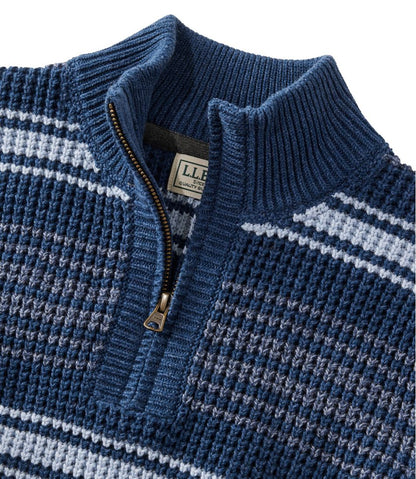 L.L.Bean | Men's Organic Cotton Waffle Sweater, Quarter Zip, Stripe