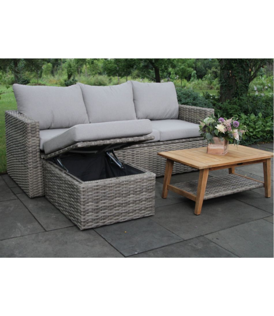 L.L.Bean | Wicker Storage Sofa and Teak Coffee Table Set