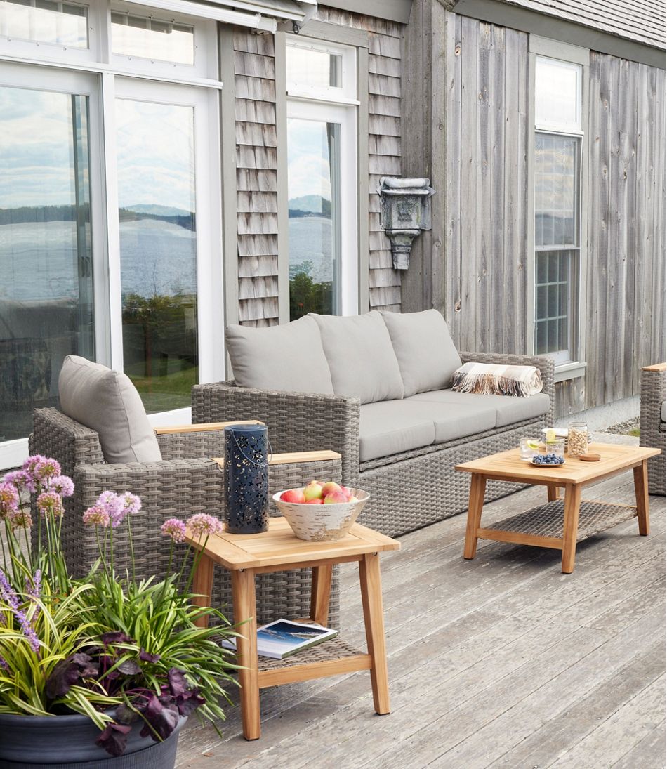 L.L.Bean | Wicker Storage Sofa and Teak Coffee Table Set