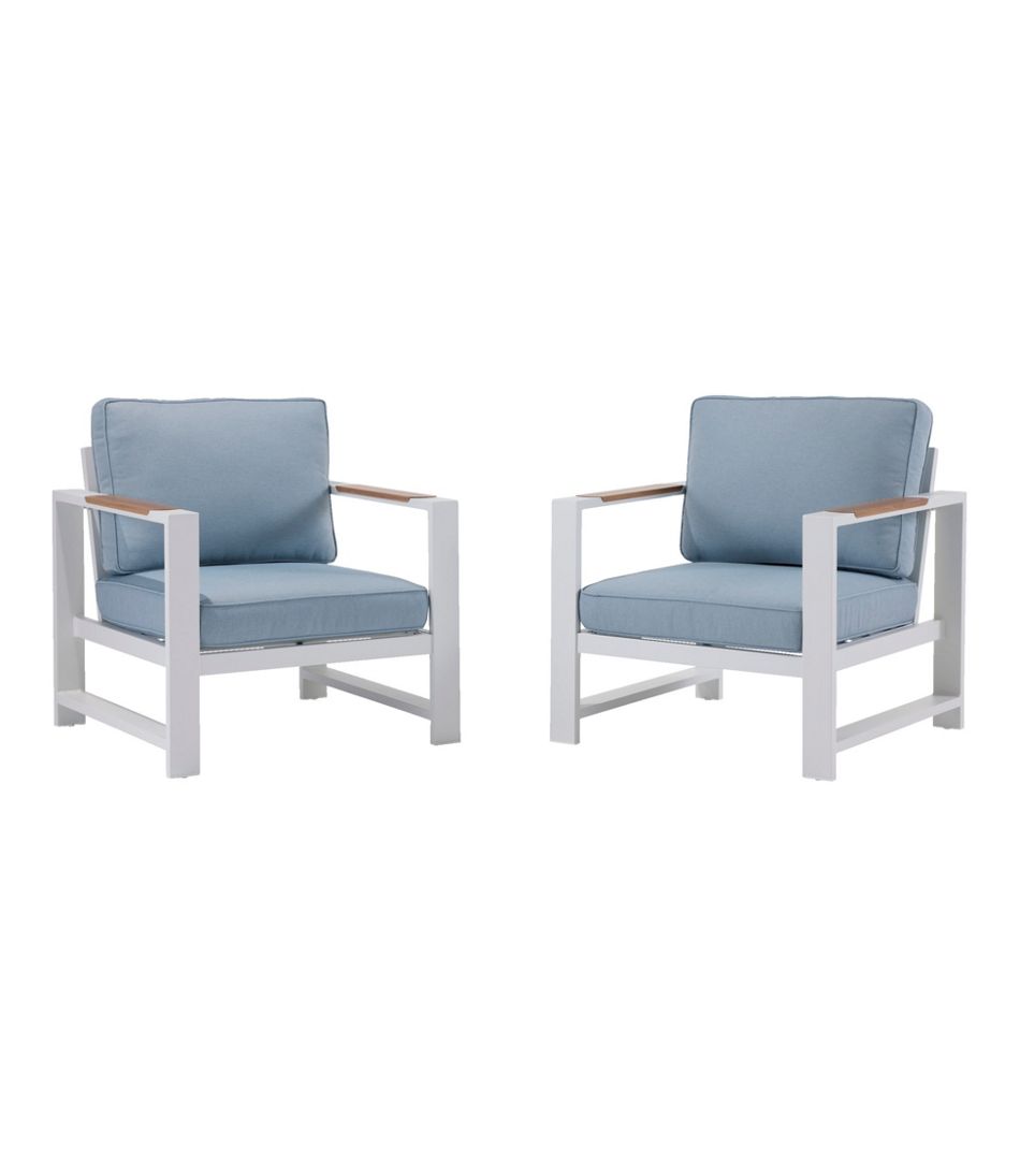 L.L.Bean | White Aluminum Deep Seating Armchair with Blue Cushions, Set of Two